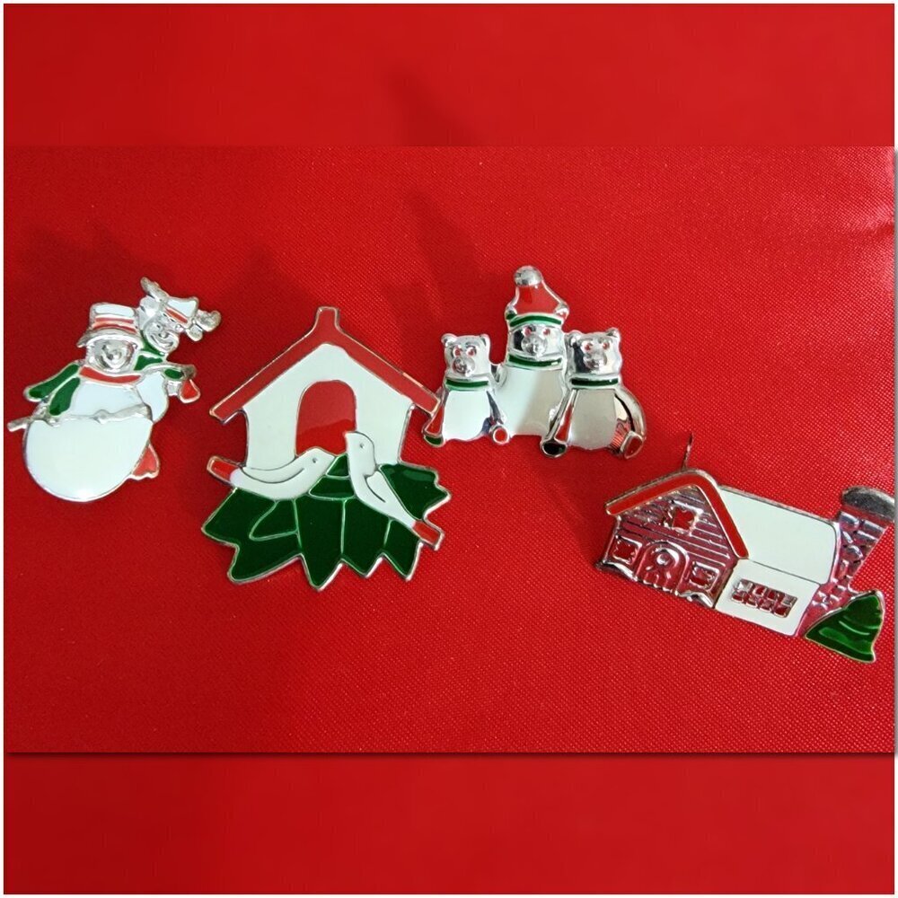 Christmas Painted Metal Pin Brooches Set of 4